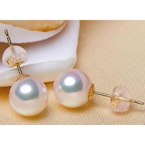 Free shipping charming pair of round 9-10mm akoya white pearl earring 18k