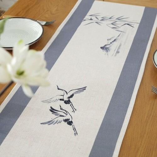 Chinese Style Red-crowned Crane Pattern Table Runner Linen Simplicity Restaurant Hotel Decoration Tea Cabinet Table Flag