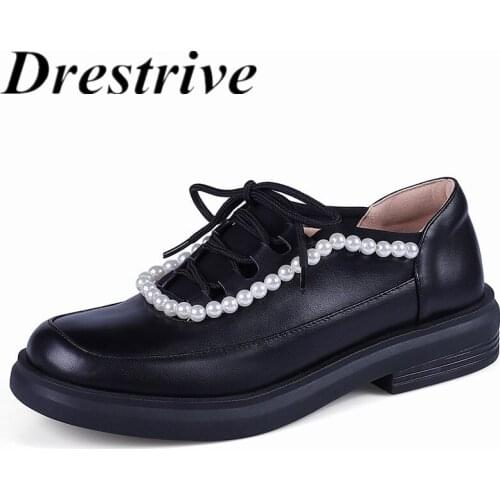 Drestrive 2021 Summer Casual Shoes Lace Up Beaded Round Toe Cow Leather Low Thick Heels Platform Women Pumps Black Office