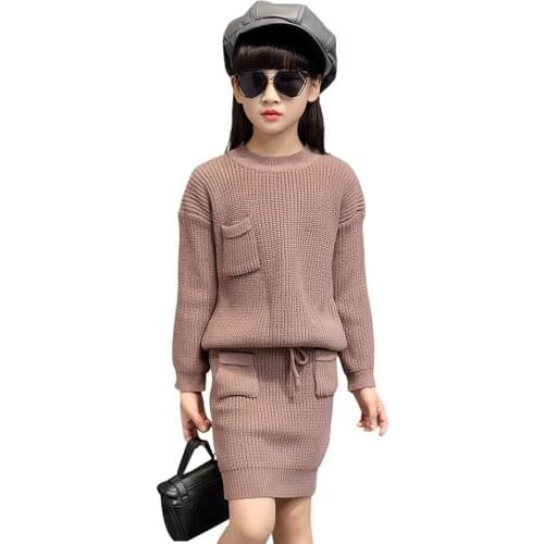 Kids Clothes Set Solid Color Girl Clothes Knitted Sweater + Skirt Girl Clothing Spring Autumn Childrens Costume 6 8 10 12 14