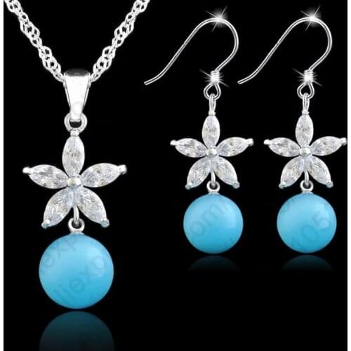 New Jewelry Gift Sets 925 Sterling Silver Jewelry Opal 4 Colors Cubic Zirconia CZ Pendant Necklace Earring Set Woman Gift