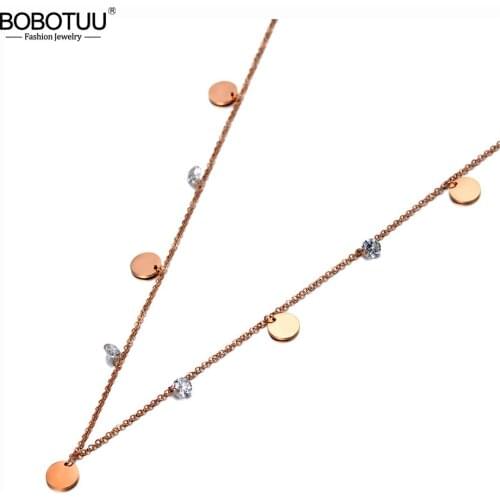 BOBOTUU Fashion Stainless Steel Small Disc Charm Choker Necklaces Bohemia CZ Crystal Pendant Necklace For Women Girls BN20008