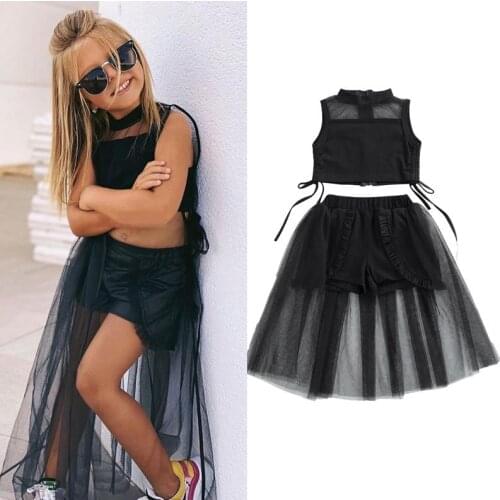 2 pcs Fashion Kids Suit Set Solid Color O-Neck Short Vest Long Skirt with Lining Shorts for Summer Childrens Girls Sets