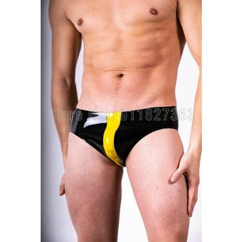 Mens 100% Latex Hot Pants Sexy Shorts Exotic Pants Rubber Latex Underwear Black with Yellow Trim and Green with Black Trim