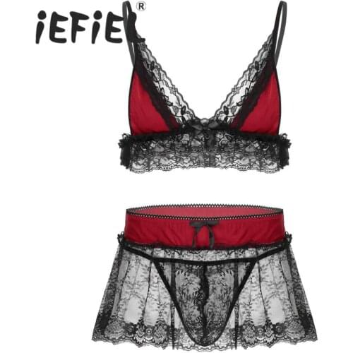 Mens Erotic Sissy Nightwear Lace Lingerie Set Straps Deep V Neck Bra Top with Mini Skirt and G-string Briefs Sexy Underwear Sets