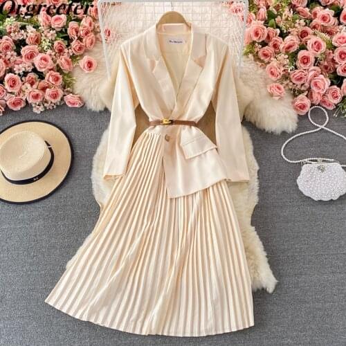 Solid One-piece Notched Collar Long Sleeve One-button Robe Longue Elegant OL Fake Two-piece Splicing Pleated Blazer Dresses