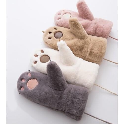 Autumn and Winter Cute Warm Thick Plush Full Finger Hanging Neck Gloves Bear Paw Cartoon Gloves Ladies Gifts New Cosplay 2021