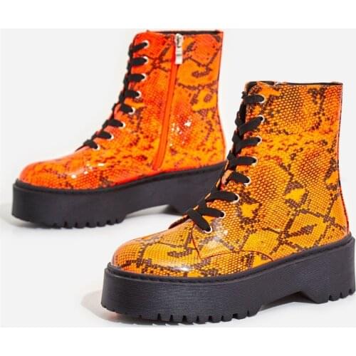 Autumn Winter Ankle Boots Women Short Flat Platform Boots Neon Orange Snake Print Women Shoes Round Toe Lace-up Ladies Shoes 5cm
