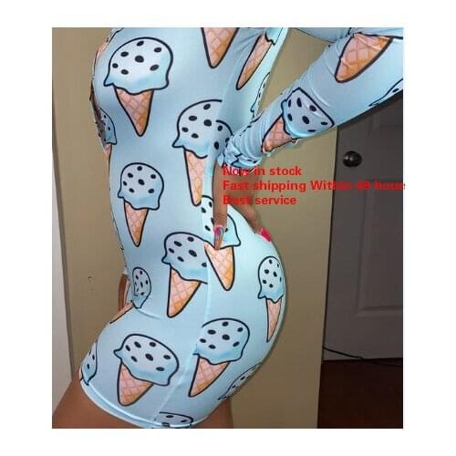 Sexy Women Sleepwear Deep V-neck Cartoon Animal Print Long Sleeve Bodycon Stretchy Sexy Short Rompers Young Ladies Bodysuits