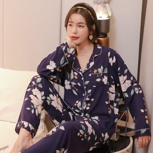 Spring Summer Cotton Silk Long-sleeved Pajamas Women Thin Japanese Sweet Viscose Printed Large Size Home Service Two-piece Suit