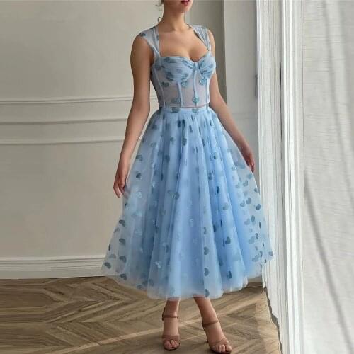 Sky Blue Prom Dresses A-line Sweetheart Ankle Length Tulle Dubai Saudi Arabic Robe De Soiree Short Prom Gown Evening Dresses
