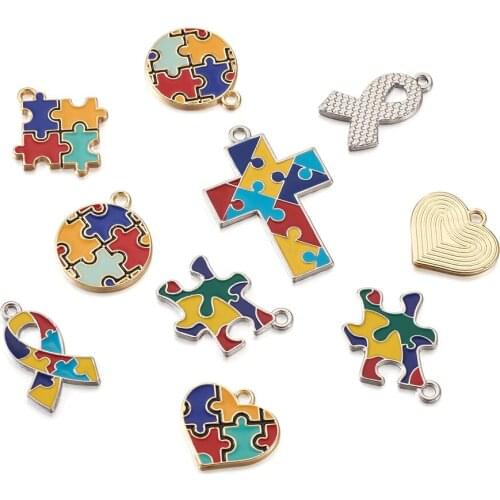 12Pcs Puzzle Alloy Enamel Pendants with Puzzle Cross Ribbon Autism Awareness Heart Charms Beads for DIY Jewelry Making