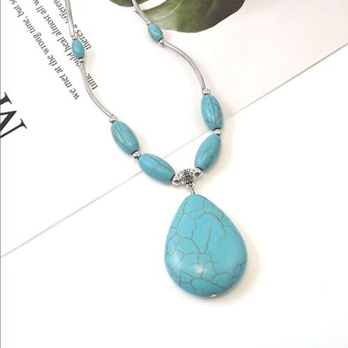 Silver Plated Green Turquoises Stone Water Drop Pendant Beads Chain Necklace Fashion Jewelry