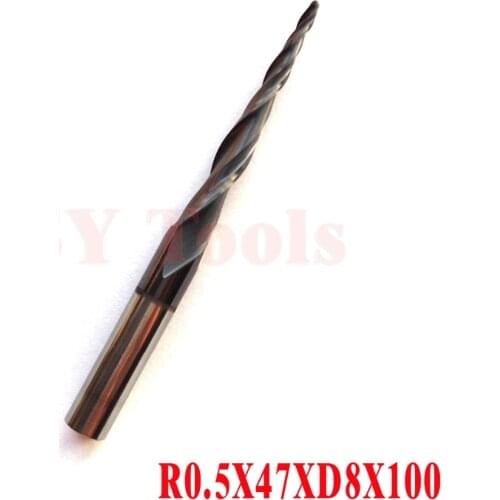 - R0.5*D8*47*100L*2F HRC55 Tungsten solid carbide Coated Tapered Ball Nose End Mills taper and cone endmills