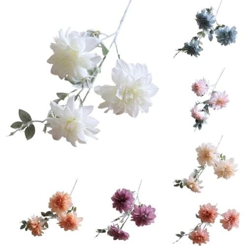 Simulation Chamomile Fadeless Lifelike Faux Silk 3 Heads Artificial Dahlia Flower for Gift Festival Wedding Decor
