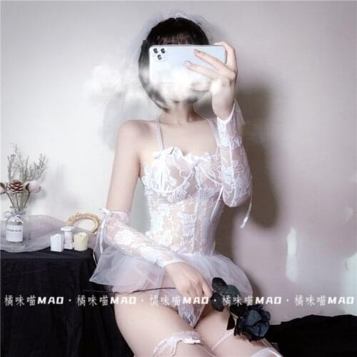 Sexy Bride Cosplay Nightclub Outfit for Women AV Actress Costumes Cute Anime See Through Lingerie with Veil Erotic Wedding Set