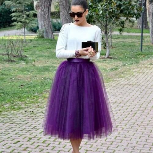 Modest Spring And Summer Purple Style Zipper Style Purple Tulle Skirts Mid Calf Skirt For Lady (Leave Waist Size Below Order )