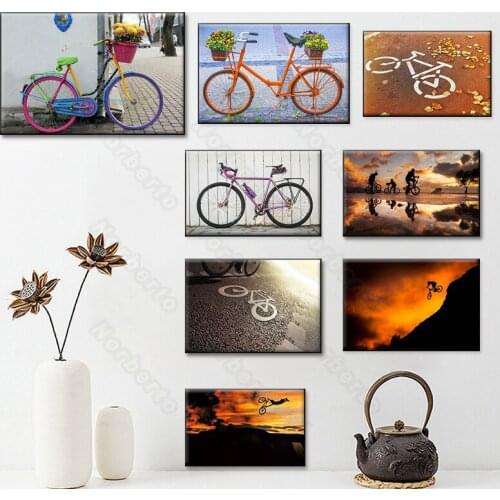 Modern Canvas Painting Poster Flower Bicycles Cyclist Under Sunset Road Signs In The Shadow for Home Rooms Gallery Wall Decorati