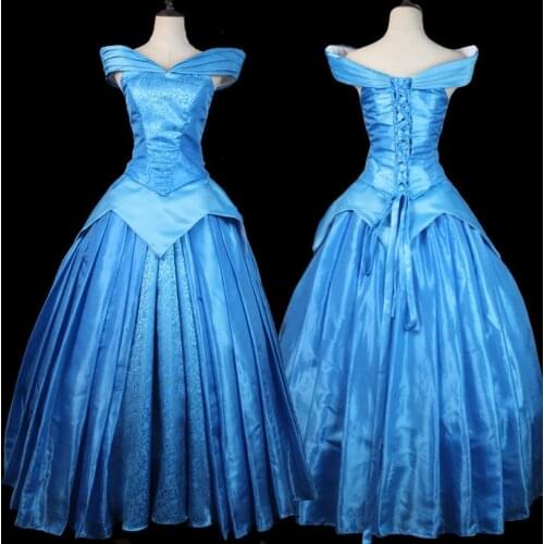 Sleeping Beautiful Girl Aurora Cosplay Costume Adult Women Blue Elegant Ball Gown Halloween Carnival Princess Dress