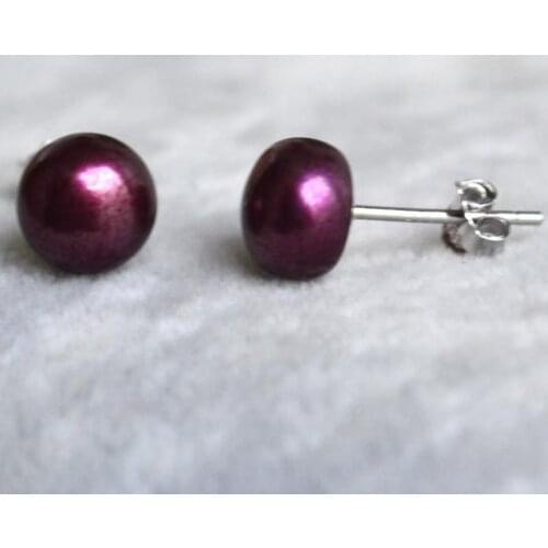 Unique Pearls jewellery Store Purple Red AAA 6-7MM Freshwater Pearl Stud Earrings Silver Jewelry For Women