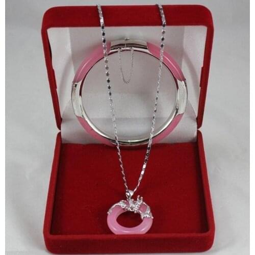 Wonderful pink Jade Circle Dragon Pendants Necklace Bracelet SetAAA 18K GP Plated gold Bridal wide watch wings