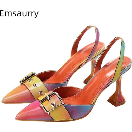 New 2020 Goblet Heel Summer Sandals Women Colorful Rainbow Color Buckle Belt Back Strap Sandalias Sexy Pointed Toe High Heels