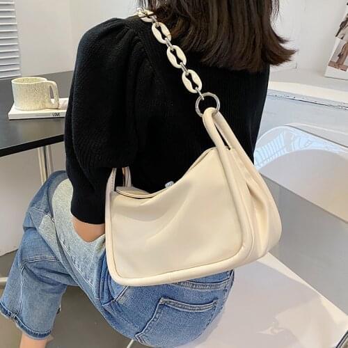 Female Acrylic Chain Soft PU Leather Handbags High Quality Large Capacity Solid Color Lock Shoulder Bags
