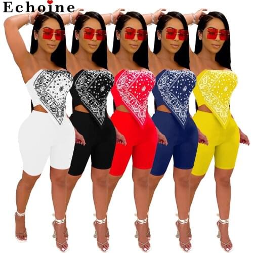 Women Sexy Printed Strapless Bra Handkerchief Two-Piece Set Casual Lounge Wear Sleeveless Jogger Short Pants Nightclub Tracksuit