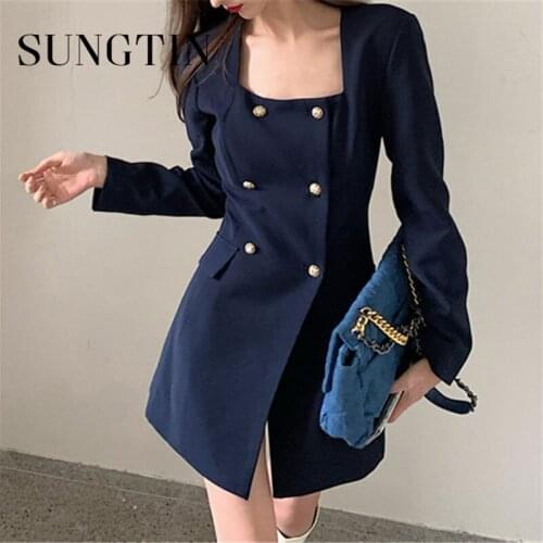 Sungtin Square Collar Double Breasted Mini Dress OL Women Spring 2021 Slim Vintage Female Blazer Dress Office Lady Korean Style