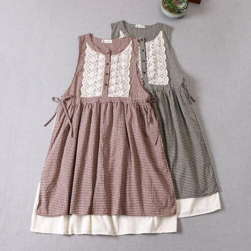 Japan Style Plaid Cotton linen Vest Dress Loose O-Neck Embroidery Elastic Waist Sleeveless Dress Women
