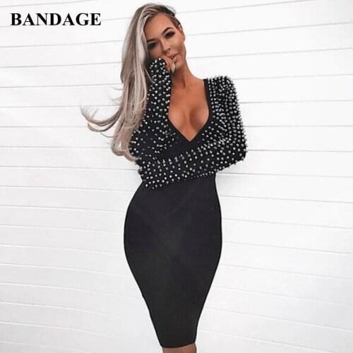 Women Sexy Full Sleeve Rivet Bandage Dress Deep V Neck Sheath Autumn Dresses Celebrity Party Club Bodycon Vestido