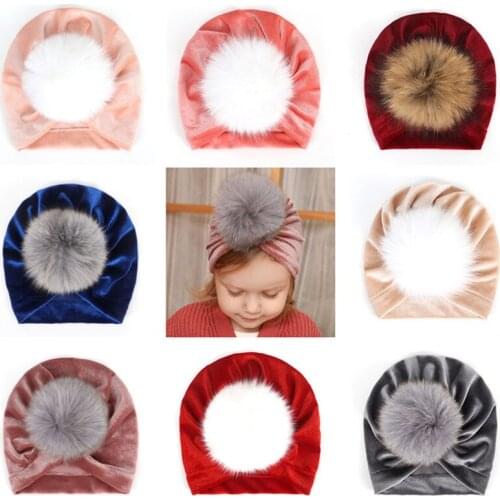 10pcs/lot Winter Newborn Hats Faux Rabbit Fur Kids Velvet Unisex Pompom Indian Hats Toddler Ear Warmer Headwear