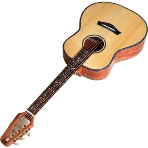 36 inch full solid wood acoustic guitar with classical guitar head natural color high gloss full size 6 string folk guitar
