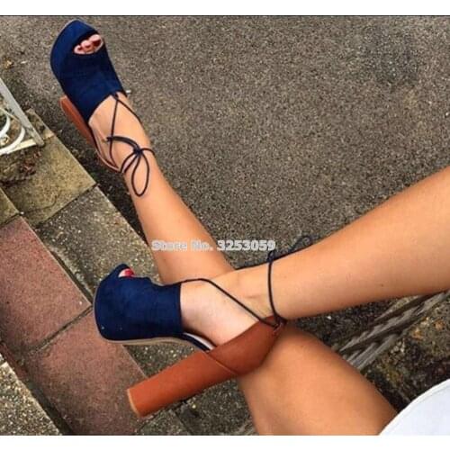 ALMUDENA Top Brand Hot Selling Women Thick High Heels Sandals Lace-up Blue Suede Open Toe Platform Dress Shoes Banquet Pumps
