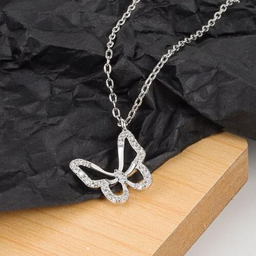 Binmonray 925 Sterling Silver Full Zircon Hollow Butterfly Choker Necklace for Women Pendant Clavicle Chain Luxury Party Jewelry