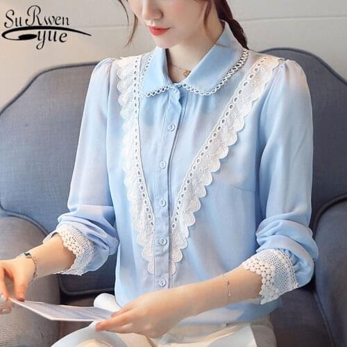 Fashion blouse women 2021 spring chiffon shirt for women tops button solid long sleeve ladies tops Peter pan Collar lace 7962 50