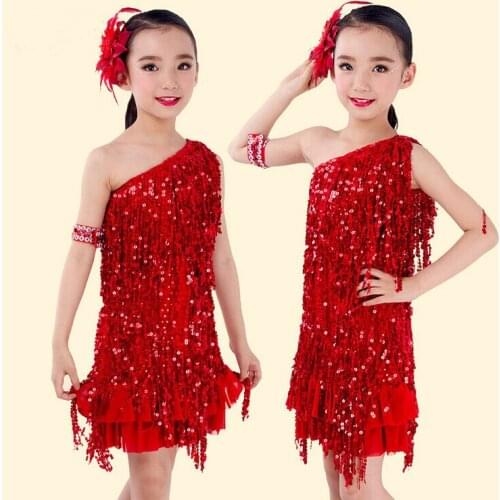 Child latin performance wear Sling Sequin kids latin dance costume Tassels children dancing dress girl dance clothing S/M
