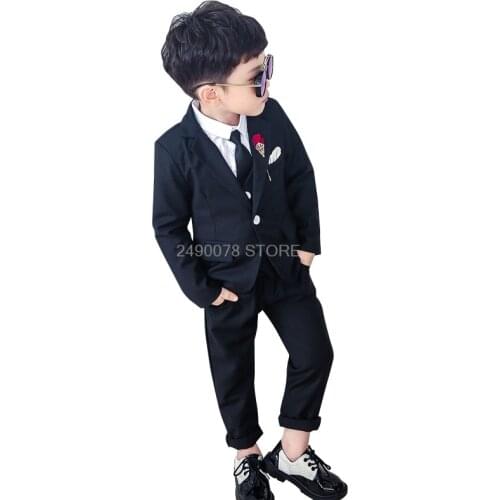 Kids Boys Formal Vest + Blazer + Pants +Tie 4pcs Wedding Suit Gentleman Tuxedo Dress Children Party Costume Clothing 2-12T