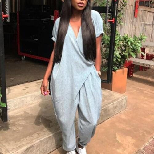 2XL Women Solid Color Short Sleeve Front Wrapped V Neck Ankle Tied Loose Jumpsuit jumpsuits body femme clothes vintage