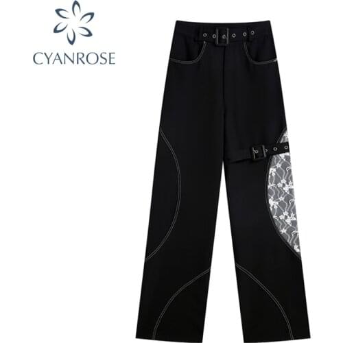Lace Stitched Jeans With Sashes Womens Autumn 2021 Punk Harajuku High Waist Pants Fashion Wide Leg Cowboy Long Trousers Female