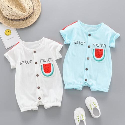 Newborn Baby Summer Jumpsuit Cotton Soft Watermelon Pocket Single Breasted Short Sleeve Baby Romper Casual Baby Clothes 0-12M