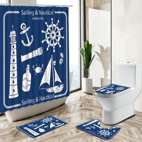 Cartoon Nautical Theme Shower Curtain Anchor Lighthouse Design Child Bathroom Decor Non-Slip Carpet Toilet Cover Floor Mat Set