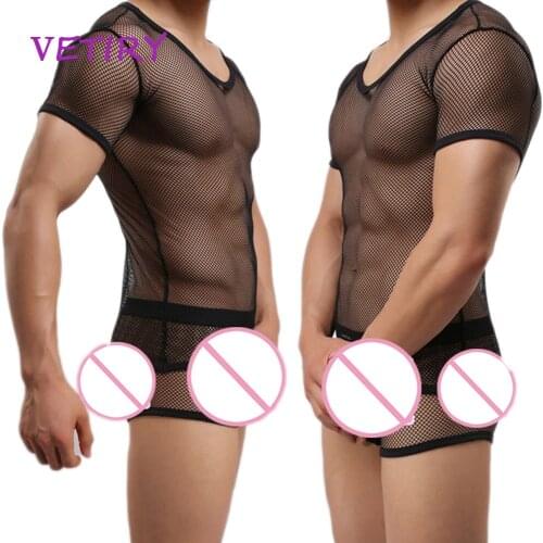 VETIRY Mens Mesh See-through Fishnet T Shirt Fashion Sexy Short Sleeve Nightclub Wear T-shirt Men Party Perform Streetwear