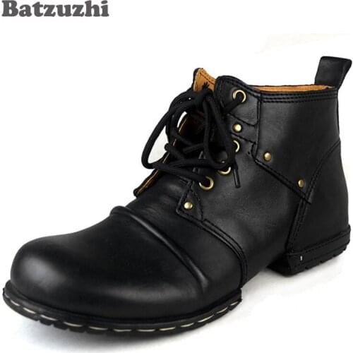 Batzuzhi Handmade Genuine Cow Leather Mens Boots Lace-Up Winter Ankle Boots Mens Shoes With Fur Winter Outdoor Boots for Men