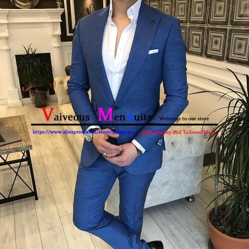 Mens Suit Jacket with Pants Royal Blue Slim Fit Formal Business Work Wedding Stage Tuxedo Groomsman Black Grey Navy Blue Suit