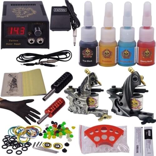 Professional Tattoo Machine Kit Complete with Power Supply Clipr Cord Ink Grip Needles Tip Tattoo Set Supplies for Beginner