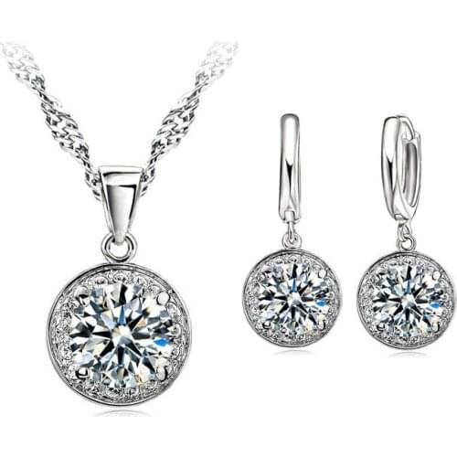 Real Pure 925 Sterling Silver Jewelry Sets Big Round CZ Diamond Pendant Necklaces Hoop Earrings New Wedding Fine Gift
