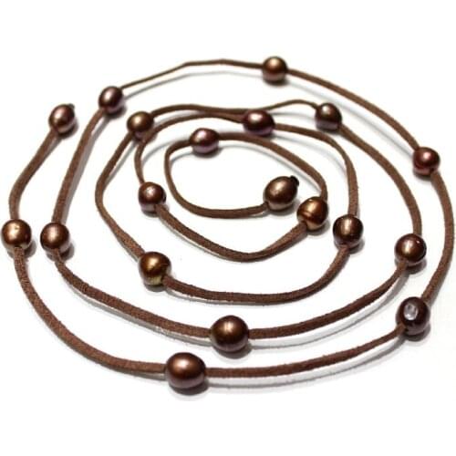 Brown freshwater pearls and brown leather rope necklaces.120cm