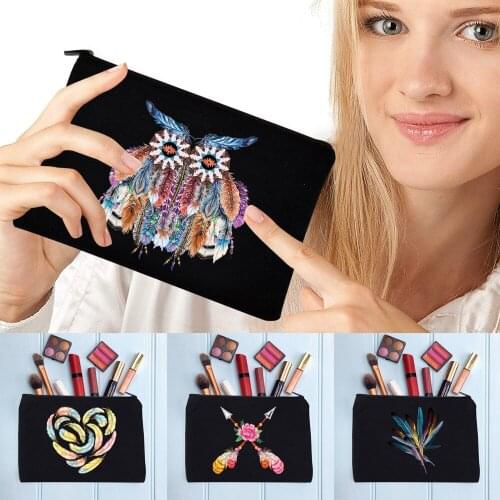 Portable Womens Cosmetic Bag Female Makeup Bag Feather Pattern Handbags Black Zipper Storage Bags School Pencil Cases