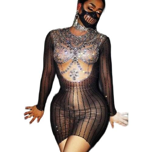 Sparkling Diamonds Transparent Short Dresses Long Sleeve Sknny Elastic Dresses Nightclub Outfit DJ Singer Dance Stage Wear